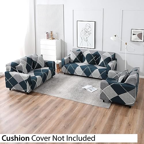 Furshine Blue Rhoumbus Sofa Cover One 3 Seater and Two 1 Seater Fully Covered Universal 5 Seater for Living Room Non-Slip Sticky Elastic Stretchable Couch Sofa Set Slipcover Protector