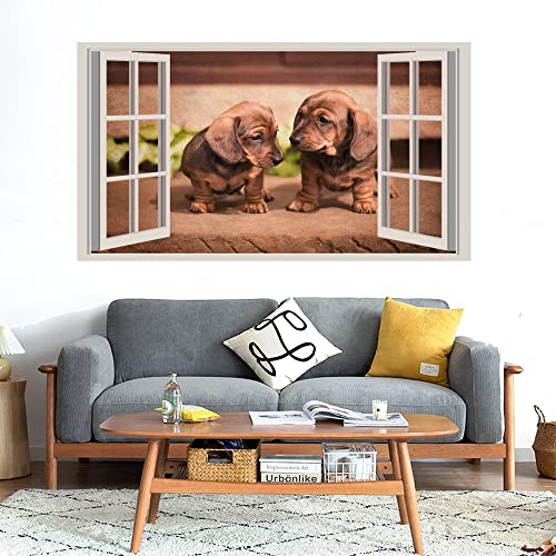 GADGETS WRAP Printed Wall Decal Sticker Fake Window Style Decal (90cm x 50cm) - Two Brown Puppy