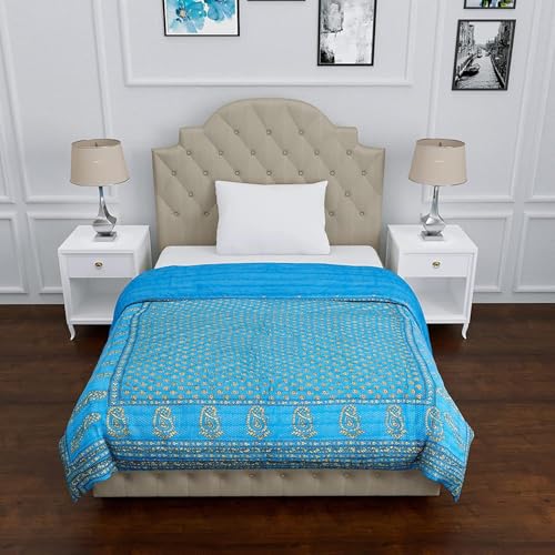 fashhub Cotton Double Bed Jaipuri Printed Blanket, Multicolour (Firozi, Double Bed)