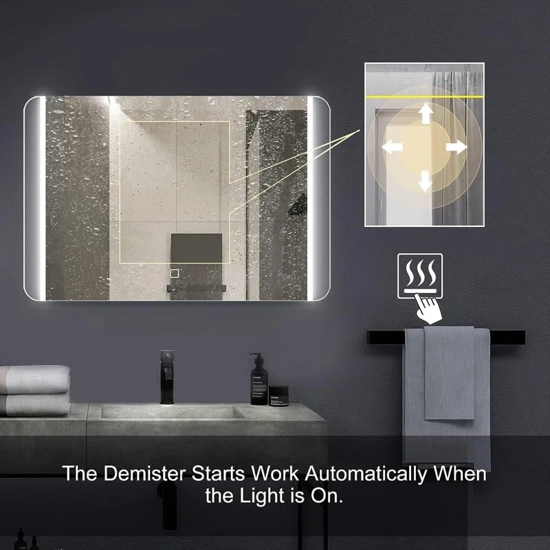 Artessa Semi-Clear Rectangular LED Mirror with Defogger, Dimmer, 3-Colour LED for Bathroom (90 x 120 CM)