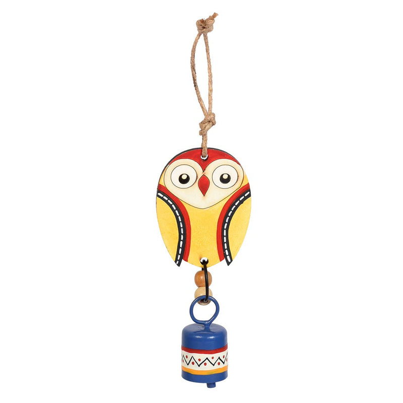 Aakriti Art Creations Hand-Painted Owl Wind Chime with Metal Bell, Yellow and Blue, 7 inches