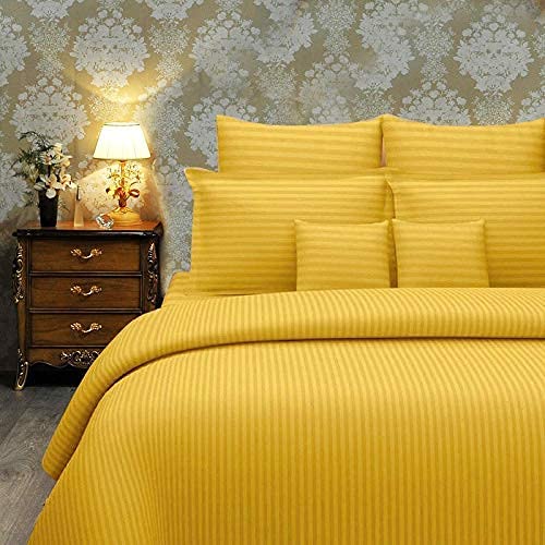 BLISSFUL HOME FURNISHING Cotton Blend Plain Stripe Elastic Fitted King Size Bedsheet With 2 Pillow Cover (90 *100 In Double Bed, Yellow) For 6X6.5 Feet Bed (72X78 In) Which Fits Upto 8 In Matress