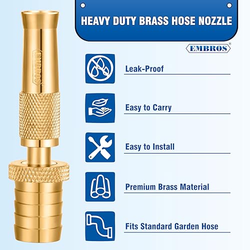 EMBROS Brass Water Spray Nozzle 3/4" Hose -Premium High-Pressure Adjustable Water Jet Spray Gun for Efficient Pressure Washing Car wash Bike wash or Window wash, pet cleaning, garden & watering plant