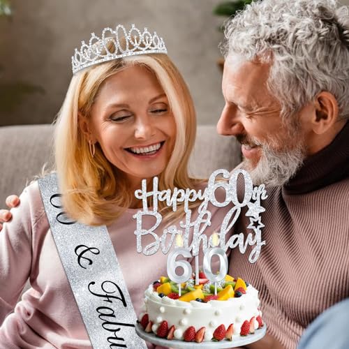 60th Birthday Decorations Women Include Silver 60th Birthday Tiara and Sash, Silver 60th Birthday Candles and Cake Topper, Silver 60th Birthday Balloons for 60th Birthday Gifts Women