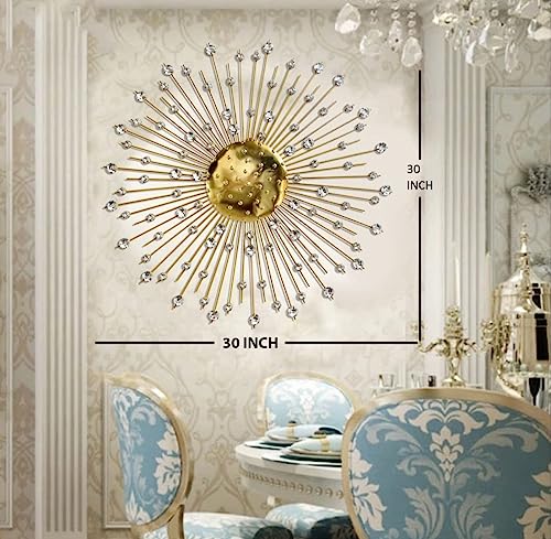 ZOVE Modern Handcrafted Luxury Metal Wall Decor Perfect For Living Room (Size : 30 In)(Electroplated Golden With White Crystal Stone)