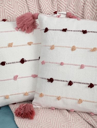 ANWYN 100% Cotton Pack of 2 Assorted Handloom Cushion Cover with Tassles II Mix N Match II Size 16"X16"