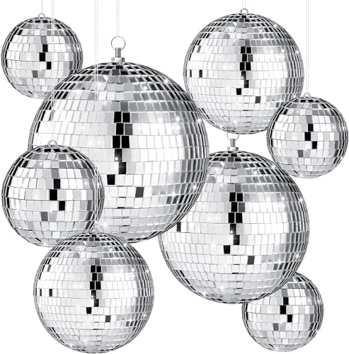 The Glamorous Silver Mirror Disco Balls with Elegant Hanging Rings - Elevate Your Event with These Stunning 12'', 8'', 6'', and 4 Inch