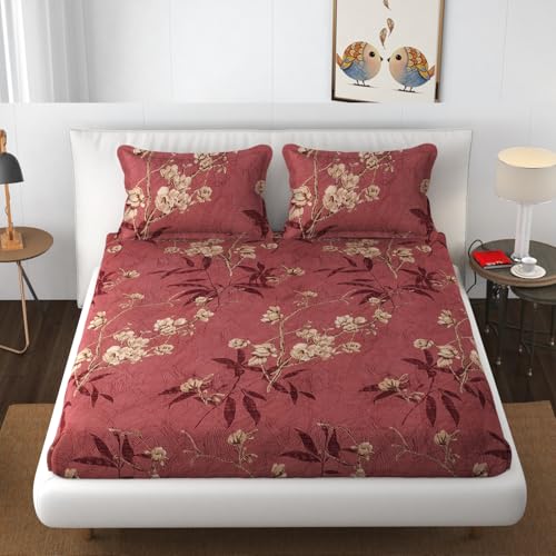 VAINE Premium Heavy Cotton Flat Bedsheets with 2 King Size Pillow Covers || Double Bed 350 TC || 90 x 100 Inch King Size Flat || Light Maroon Flower