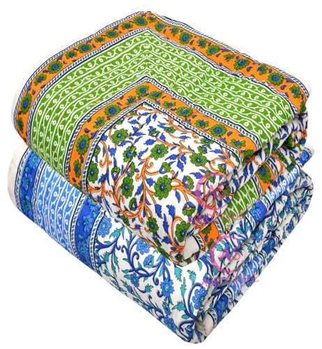 EMIOUR 400 TC Pure Cotton Jaipuri Design Printed Design Printed Light Weight Traditional Rajasthani Single Bed Quilt/Razai/Rajai Single Bed - Set of 2 Combo Set (Design 1)