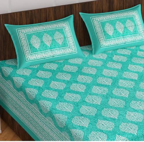 RAJASTHANIKRAFT Premium Cotton Blend Buta-Batik (Sanganeri) Jaipuri Traditional Fantasy Printed 104 TC 100% Cotton Double Bedsheet with 2 Pillow Covers (Sea Green, Double)