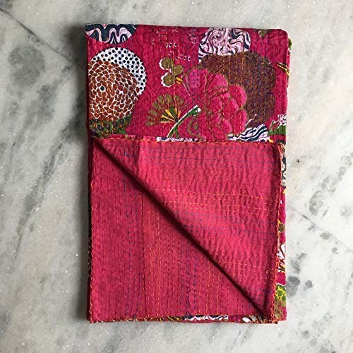 MTREON Jaipuri Quilt Handmade Bed Cover Cotton Kantha Blanket Throw Home Decor Bedspread Bedsheet, Twin Size, Multicolour (90 X 108 Inches (Queen Size), Red)