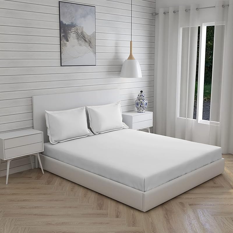 100% Cotton Solid Bedsheet for King Bed Hotel Quality Plain White King Double Flat Bedsheets with 2 Pillow Covers - (Size 90x100)