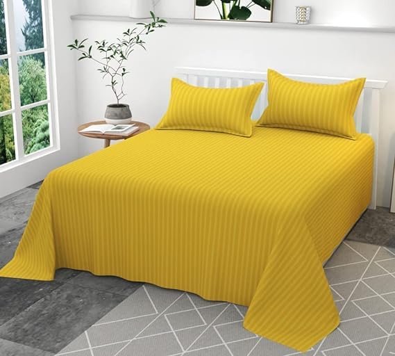 G CRAFT 150 TC Glace Cotton Plain Stripe Queen Size Double Bedsheet with 2 Pillow Cover for Home, Hotel, Guest Room (90 X 100) Inch Yellow