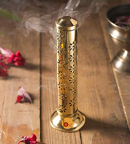 Besnik Arts Pure Brass Flower Agarbatti /Incense Stick Stand/Holder with Dust and Burn Safety Ash Catcher (Gold , Height : 11.5 Inch)(Cylindrical)