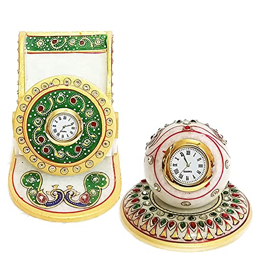 Handicraft Kingdom White Marble Mobile Holder Organizer for Home & Office Tv | Phone Stand with Inbuilt Small Clock & Tile Clock for Girls & Boys | Approx Size (4.5 Inch) & Wt (900 Gm) Pack of 2