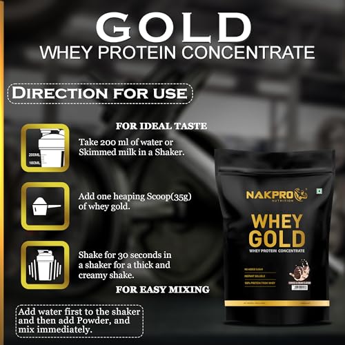 NAKPRO Gold Whey Protein Concentrate | 25.46g Protein, 5.57g BCAA | Muscle Gain, Strength, Muscle Recovery, Fast Absorbing Protein Supplement Powder (1 Kg, Cookies & Cream)