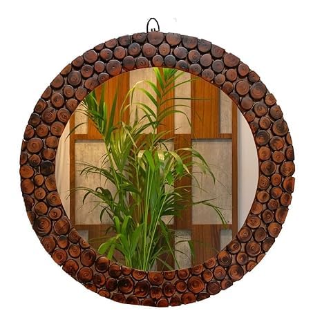 UNION ARTITION ARTS Handmade Wooden Antique Frame Round Wall-Mounted Mirror, Mirror for Bedroom, Bathroom, Living Room, Wall Basin, Study Room, Office, Brown (18" Inches Round, Framed)