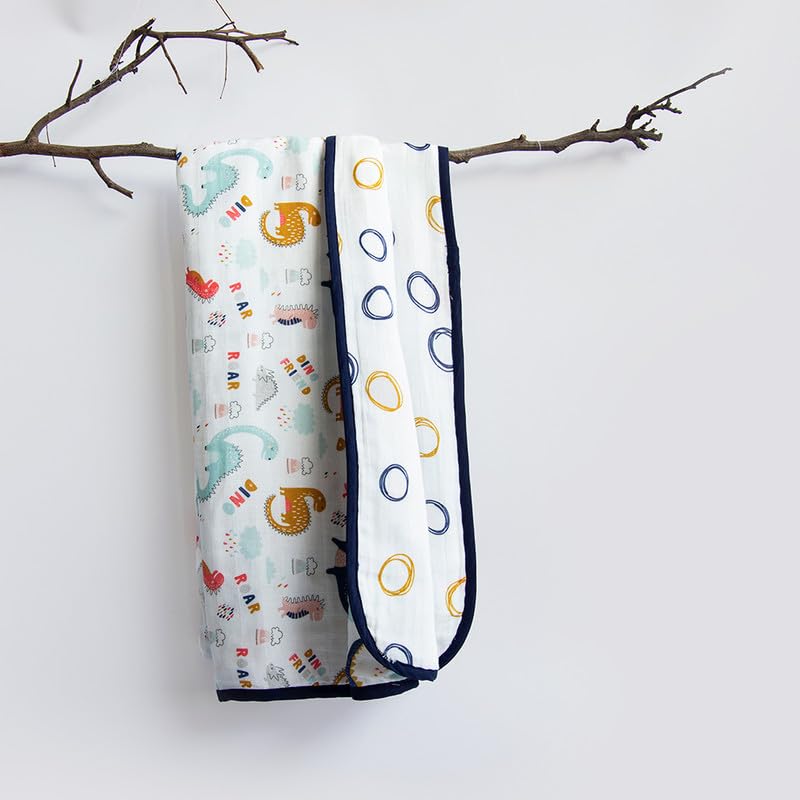 Yellow Doodle in The Sky + Dino Friend Reversible Muslin Blanket - Adorable Combo for Unisex Baby Ages 0-4 Years