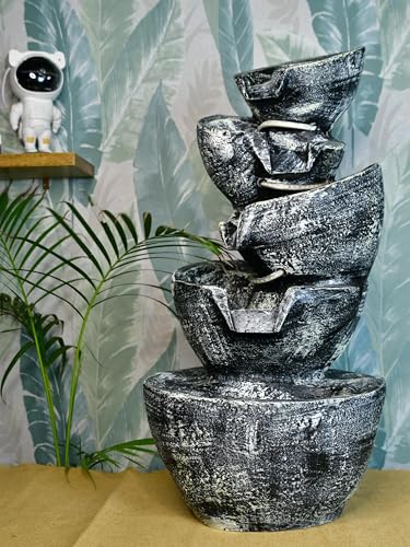 Sowpeace Multi-Bowl Stone Water Fountain – Cascading Waterfall Feature showpiece, Set of 1 Premium Resin Made Table Top Home Decor for Living Room and Gifting(35 cm,Grey)