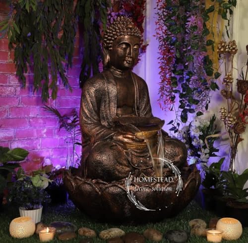 TENDENCE DECOR Garden Fountain with LED Light, Buddha Statue, Decorative Water Feature, Buddha Kamal Fountain 3 FEET | Home Decor Fountain Fiber