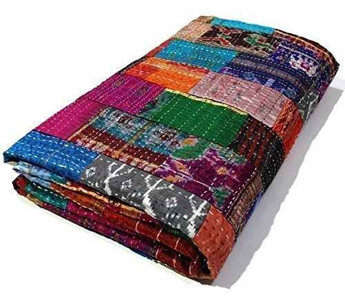 MTREON Patchwork Cotton Silk Kantha Quilt (Queen Size, 90x108 Inches, Multicolour)