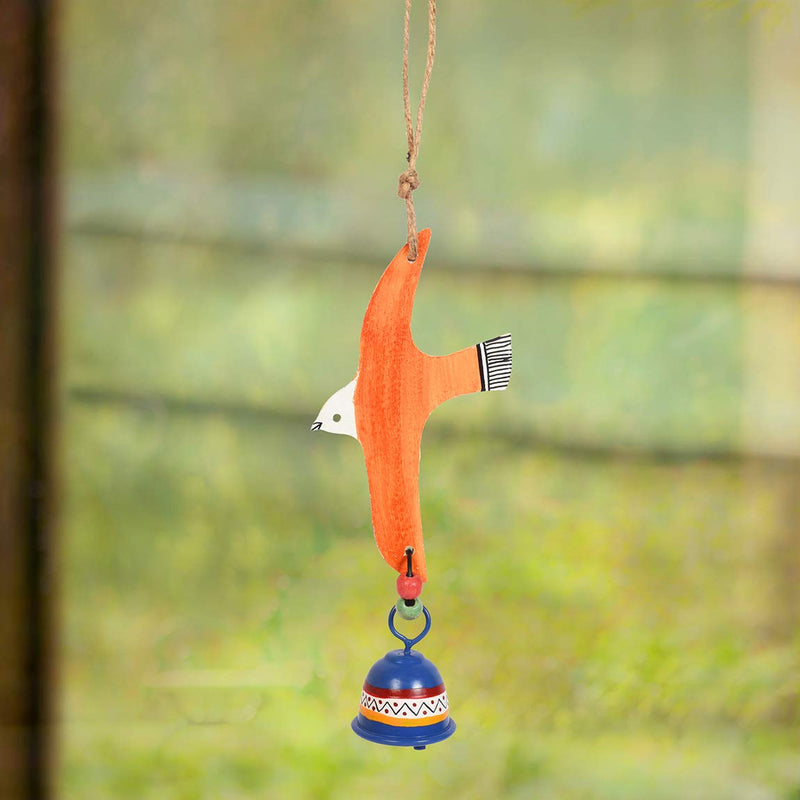 Aakriti Art Creations Handpainted Orange Fly Bird Wind Chimes with Metal Bell for Home Decoration