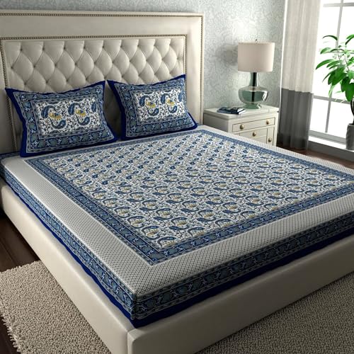 ABHACLOTHO 144 TC 100% Cotton Double Bed Size/Queen Size Bed Printed Flat Bedsheet with 2 Pillow Covers, (Pack of 1), Popularly Known as (90x100) Bed Sheet Double Bed Cotton