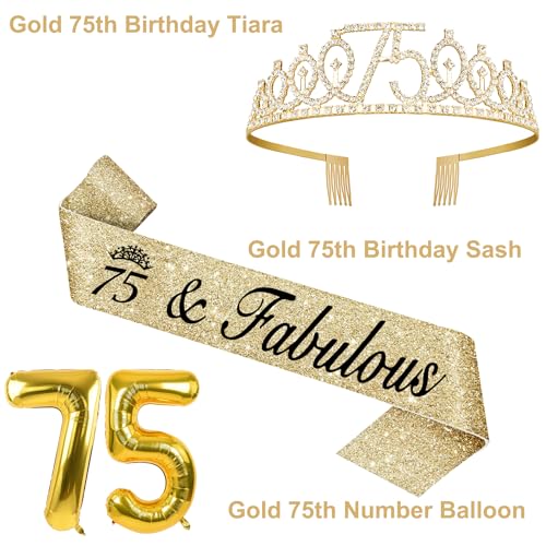 75th Birthday Decorations Women with 75th Birthday Sash and Tiara, Happy 75th Birthday Cake Toppers, Number 75 Candles, Gold 75 Birthday Balloons,75th Birthday Party Gifts for Women (Gold)