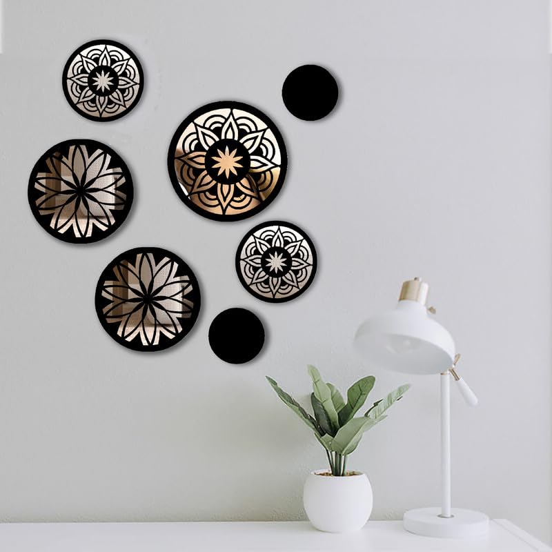 VAH- Kya Bat Hai !! 7 Black Mandala Design Round Wooden Acrylic Mirror Wall Sticker for Home Decoration