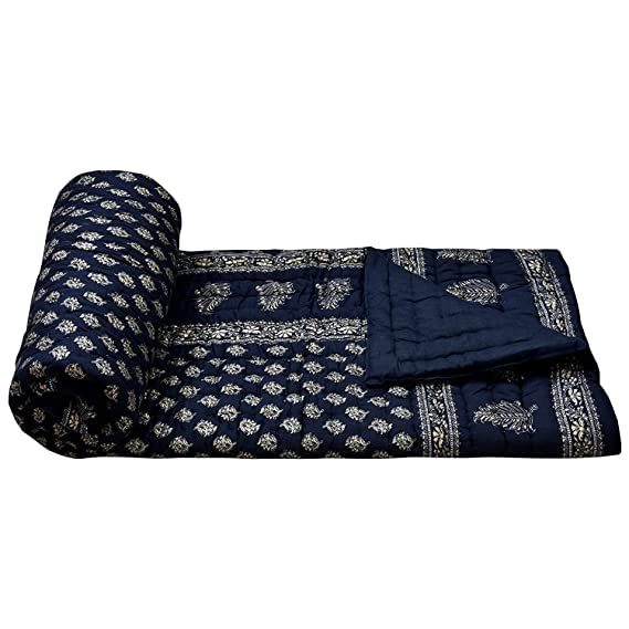 SK STORE 240 TC Single Bed Organic Cotton Jaipuri Razai Bed Blanket Ac Quilt for Winter Soft Lightweight Rajasthani Traditional Rajai Cotton Comforter,55 x 85 inch (Blue Dai Gold, Set of 2)