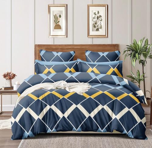 THE DIVINE Glace Cotton King Size All Around Elastic Fitted Double Bedsheet 72''x78'' Inch + 8 Inch (Drop) with 2 Pillow Covers (Blue) 200-250 TC_1(VAG) FTD.DB.Zigzag_28-Blue