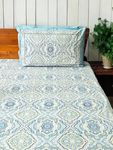 Feels Like Home 180 TC 100% Cotton Super King Size Bedsheet, 1 Bedsheet and 2 Pillow Covers, Block Printed, Uphaar Collection - Blue Mughal Print, 95 x 108 Inch, Jaipuri Bedsheet