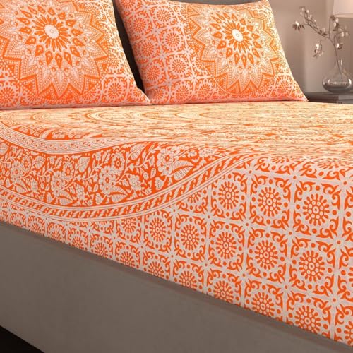 Värde Classic Collection Double Bedsheet with 2 Pillow Cover | 100% Cotton Bedsheets for Double Bed | All Season Comfort | Handmade Handloom Bedsheet | Size 86x90 inches (ArtyClick Orange)