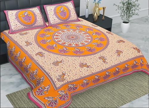 HZAR ART Queen Size Premium 100% Cotton Bedsheet for Double Bed with 2 Pillow Covers | 240 TC Flat Sheet | Jaipuri Print Double BedSheet Cotton (Tangerine,90 X 100 Inches) SSBS104