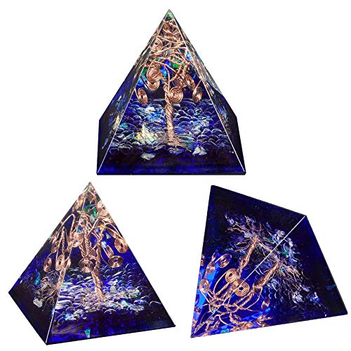 Amogeeli Crystal Orgone Pyramid with Copper Tree of Life EMF Protection Stone for Decor, Dark Blue