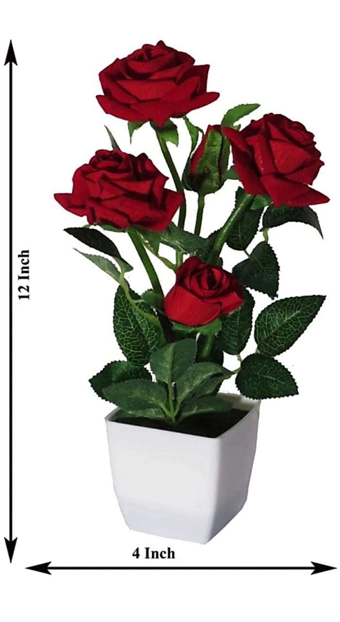 Daissy Raise ) Artificial Flowers (5 Stick Rose) RED Colour with White Plastic Pot for Table Decoration and Gift Purposes (Pack of 2)