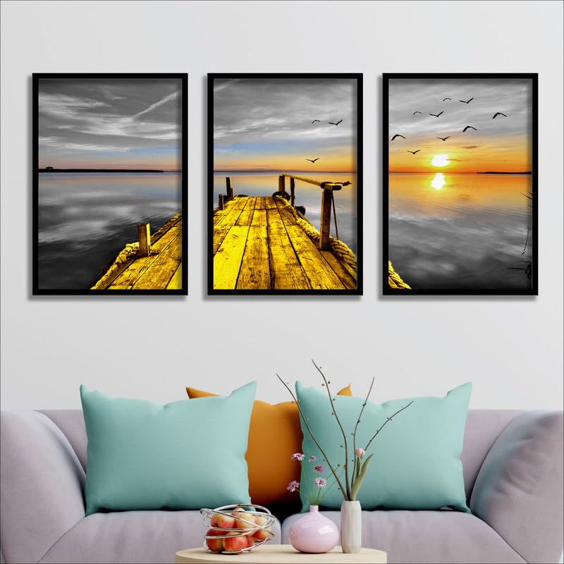 SAF paintings Set of 3 Water Bridge And sun Wall Painting for Home Decoration SA-BLACKCF33605