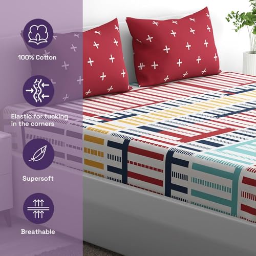 100% Cotton 152 TC Fitted Bedsheet with 2 Pillow Covers | ColorPlay King, 75" x 72", ColorPlay| 1.91m x 1.83m