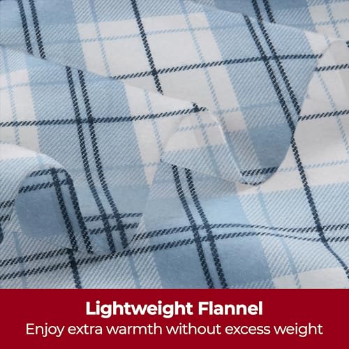 Mellanni California King Flannel Sheet Set - 4 pc Printed Luxury 100% Cotton - Lightweight Bed Sheets - Cozy, Soft, Warm, Breathable Bedding - Deep Pockets (Cal King, Light Blue Plaid)