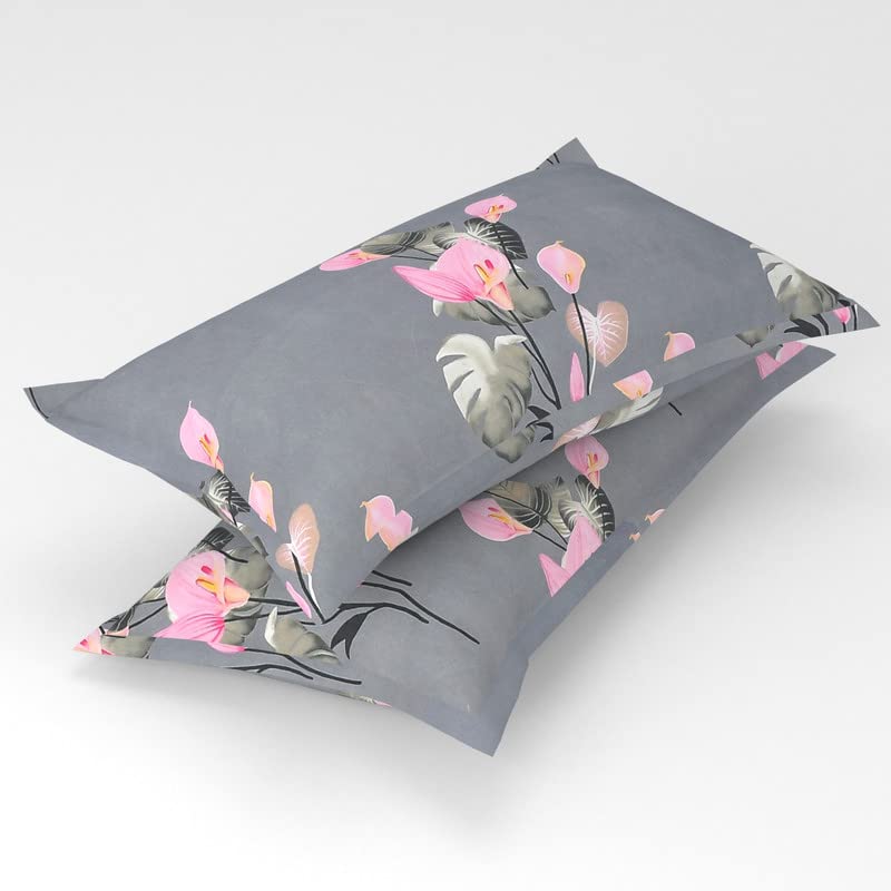 BSB HOME 160 TC Glace Cotton Double Floral Bedsheet with 2 Pillow Covers | 125 GSM Soft Brushed - Breathable & Wrinkle Free - (90 X 90 Inch, Grey & Pink)