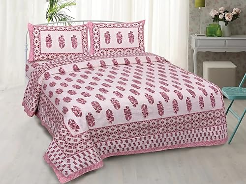 DWARDROBE-Double Bed Printed Cotton Bedsheet Set with 2 Pillow Covers, 160TC Breathable & Wrinkle Free (90x100Inches) (Pink & White)