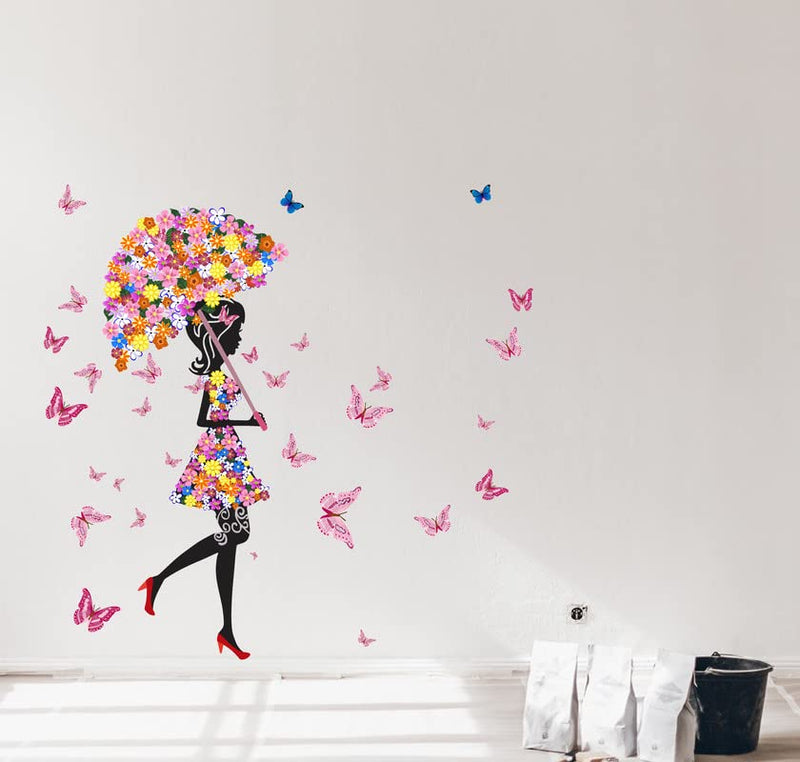 K2A Design Floral Umbrella Girl and Beautifull Butterflies Wall Sticker Multicolor PVC Vinyl 96x99 Cm