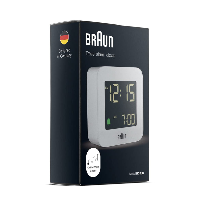 Braun Digital Travel Alarm Clock with Snooze, Compact Size, Negative LCD Display, Quick Set,Crescendo Beep Alarm in Grey, Model BC08G.