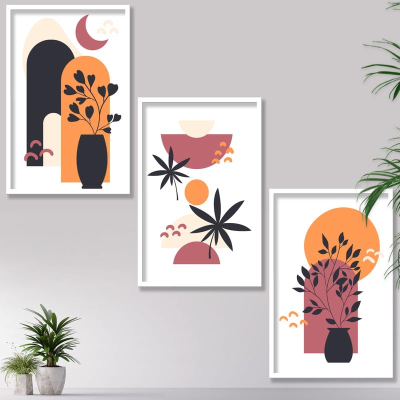 SAF paintings Set of 3 flower pot Boho modern art design Premium white Framed Bohemian wall painting for for Wall, Home and Living Room Decoration 80 cms x 34.29 cms COMBO-2035-K3