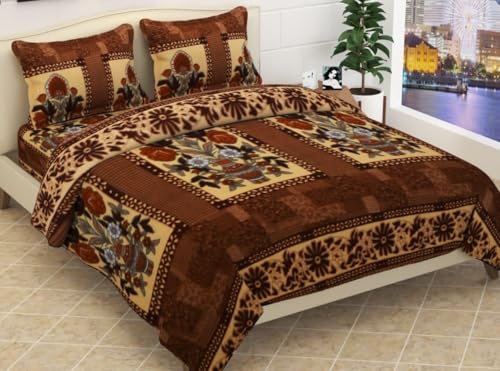 Prozone Warm Polar Fleece Gamla Printed Woollen Bedsheet for Double Bed 90 x 100 Inches with 2 Matching Pillow Covers I Winter Flat Double Bedsheet with 2 Pillow Cover (Gamla & Coffee)