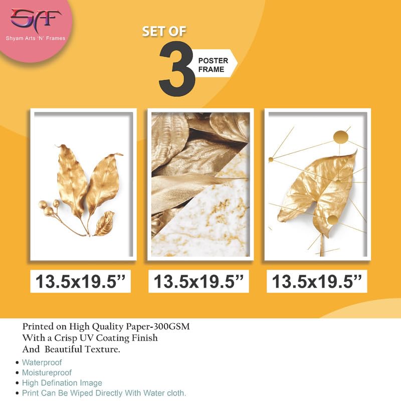 SAF paintings Set of 3 Golden Leaves Wall Painting for Home Decoration SA-WHITEMX33510