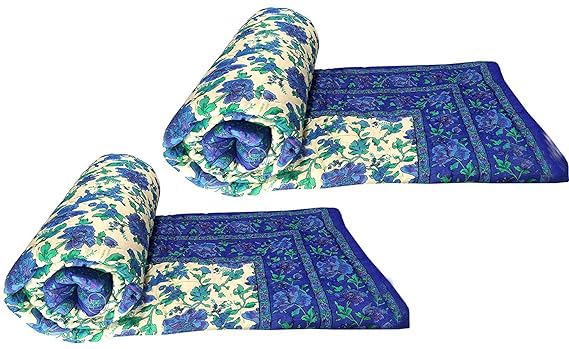 fashhub Cotton 240 TC Single Bed Rajasthani Traditional Jaipuri AC Quilt | Pack of 2 (85" x 55", Blue)