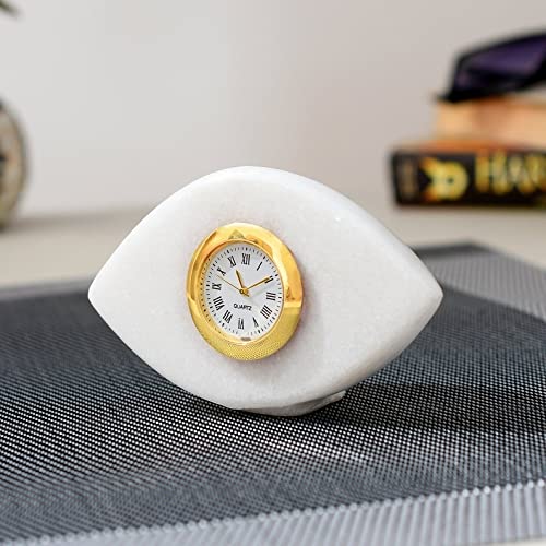 STLYZ Eye Shape Marble Table Clock for Décor and Paper Weight (White)