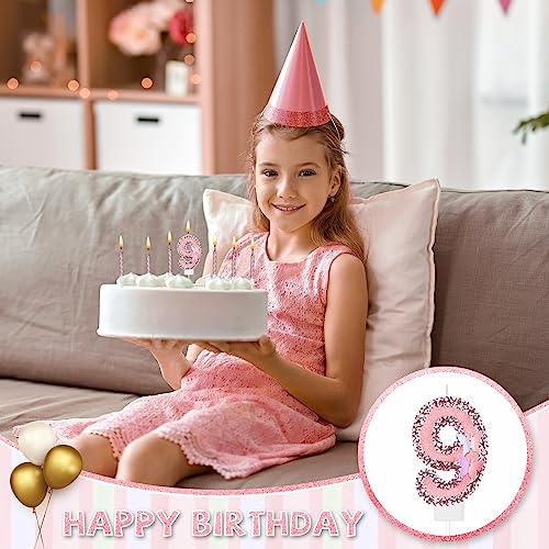 2.75" Large Pink Glitter Happy Birthday Candles Girls Number Candles for Birthday Cakes Sequin Numeral Princess Candle Number Birthday Cake Topper with 10 Long Thin Cupcake Candle for Party (Number 9)