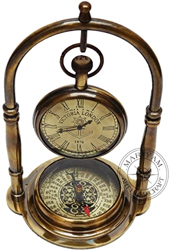 Nautical Clock Ship Table Clock Brass Desk Clock Maritime Brass Compass with Antique Victoria London Pocket Watch